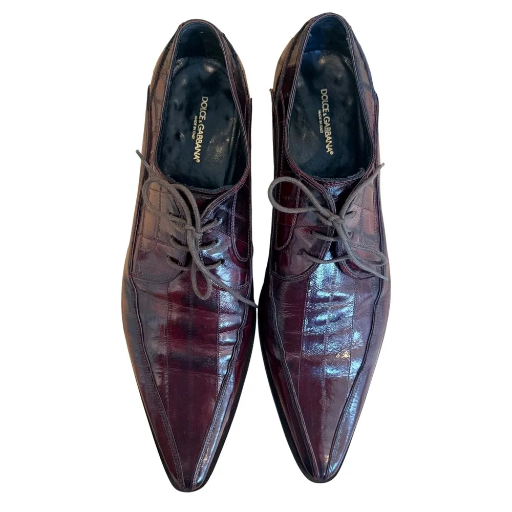 Dolce & Gabbana Mens Eel Skin Pointed Toe Oxford Shoes Burgundy Wine Size 9/42EU